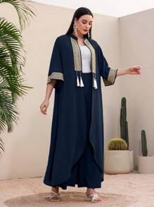 Al Najma Women's Contrast Color Fringe Decoration Jacket And Pants Two-Piece Set - Navy Blue - View 5