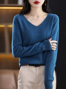 100%美麗諾羊毛女士毛衣V領套頭上衣，第一線現貨，休閒長袖無縫針織毛衣 - 藏蓝色 - 查看 4