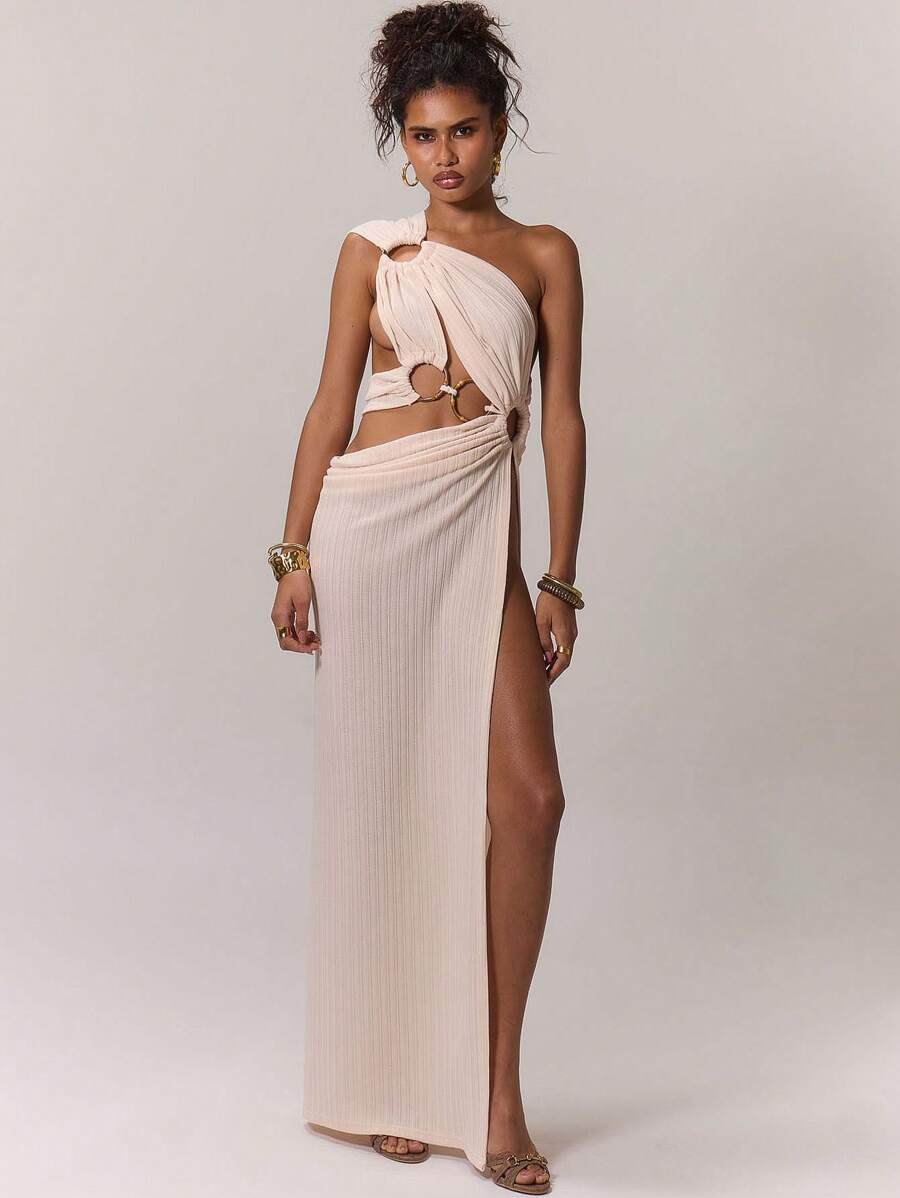 MUSERA Asymmetrical Neck Ring Detail Cut Out Slit Thigh Maxi Dress Elegant Spring Vacation Summer Going Out Long Dress - Beige - View 1