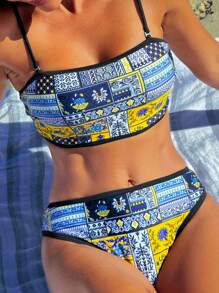 SHEIN Swim Bộ bikini họa tiết hoa gợi cảm cho kỳ nghỉ của phụ nữ, họa tiết ngẫu nhiên, dây đeo vai có thể tháo rời mùa hè - Nhiều màu - Xem 2