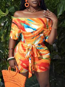 Slaydiva Printed Asymmetrical Neckline Belted Playsuit, Spring Summer - Orange - View 1