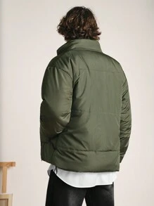 RueChic Men's Classic Style Stand Collar -Padded Jacket With Elastic Hem Drawstring And Ribbed Cuffs - Dark Green - View 2