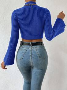 EURMUSE High Neck Cable Knit Flare Sleeve Crop Sweater - Biru - View 2