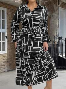 SHEIN LUNE Kích thước lớn Của phụ nữ In Váy sơ mi - Đen và trắng - Xem 3