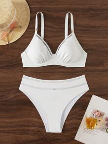 SHEIN Swim 女士夏季海灘純色荷葉邊性感比基尼套裝 - 白色 - 查看 3