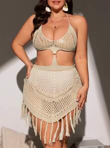Plus Size Solid Color Hollow Out Summer Cover-Up With Halter & Spaghetti Straps