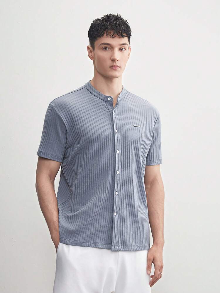 Easy Care Men's Solid Heather Gray Short Sleeve Stand Collar Cardigan T-Shirt For Summer