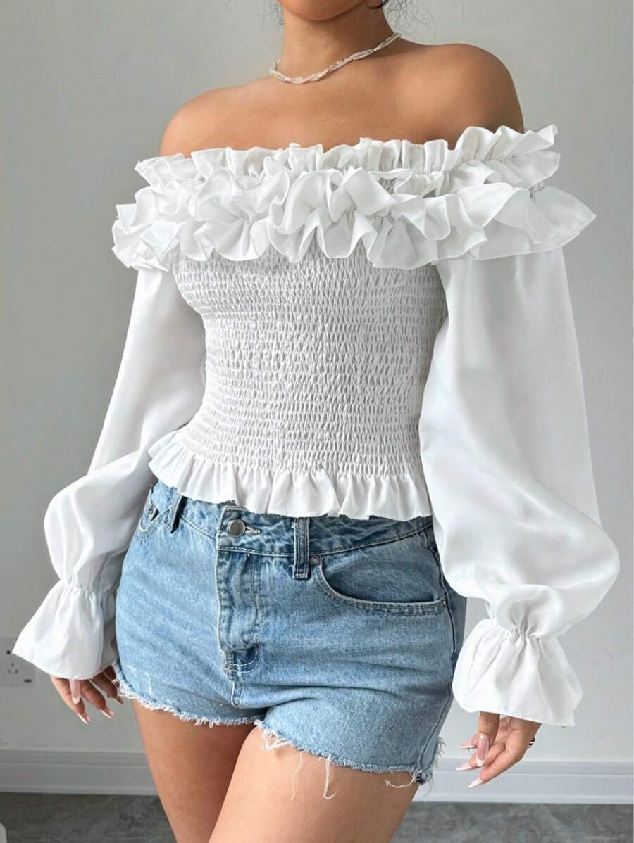 SHEIN Privé Blusa de mujer con hombros descubiertos y ribete de encaje - Blanco - Ver 1