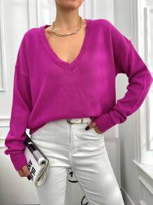 EURMUSE Maglione Donna A Collo A V Con Spalle Scese In Tinta Unita - Rosa - Visualizzare 3