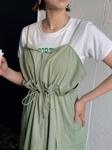 FRIFUL 女士夏季纯色拉链半开襟腰部抽绳双口袋休闲吊带连衣裙/复活节长裙 - 綠色 - 查看 3