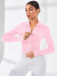 Gameset SHEIN Sport Solid Color Zipper Stand Collar Tight-Fitting Long Sleeve Sports Jacket Workout Jacket - Pink - View 5