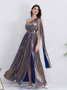 Women's Solid Color Metallic Fabric, Heavy Pleated Single Shoulder, Paired With Balloon Sleeves A-Line High-Low Hem Slit Dress, Suitable For Party/Wedding/Wedding Guest, Luxurious Evening Dresses For Women, Fall Women Clothes