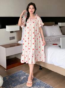 DAZY Cute Strawberry Printed Sleeping Dress With Layered Ruffle Hem And Contrast Stitching Pajama - Beige - View 5