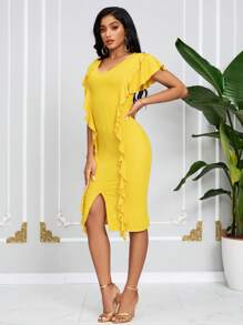 SHEIN Lady Vestido de verano amarillo para mujer, vestido de falda con ribete de volantes divididos - Amarillo - Ver 5