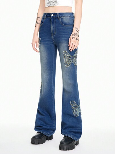 Fairycore Jeans évasés bohème vintage femme avec clous et studs papillon perlés