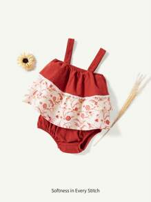 Cozy Pixies Baby Girl Colorful Floral Pattern Color Block Tank Top And Solid Bud Shorts 2-Piece Set - Redwood - View 8