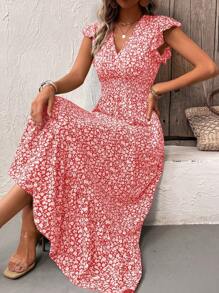 SHEIN LUNE Random Cut Floral V-Neck Cap Sleeve Summer Holiday Style Dress - Red - View 6