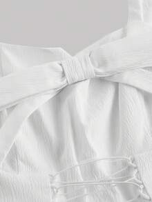 SHEIN MOD Vestido blanco corto con cinturón para almuerzo con tirantes gruesos, lazo y detalles de graduación, ideal para almuerzos y fiestas - Blanco - Ver 3