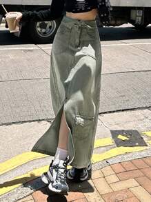 Women's Casual Fashionable Workwear High Slit Denim Skirt - Mint Green - View 1