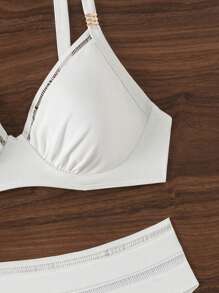 SHEIN Swim 女士夏季海灘純色荷葉邊性感比基尼套裝 - 白色 - 查看 7