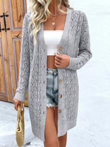 EMERY ROSE Cardigan tejido de unicolor con huecos, de longitud media, ideal para vacaciones y tiempo libre - Gris Claro - View 1