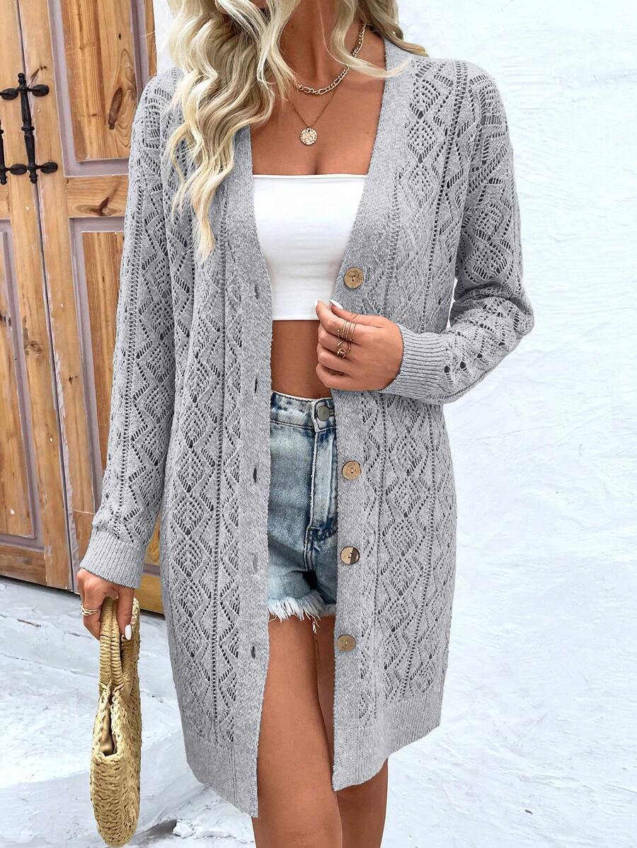 EMERY ROSE Cardigan tejido de unicolor con huecos, de longitud media, ideal para vacaciones y tiempo libre - Gris Claro - View 1