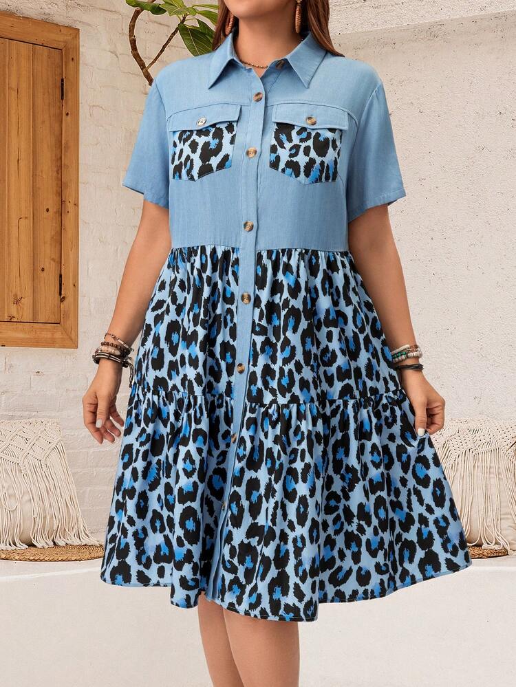 Plus Size Summer Holiday Leisure Leopard Print Spliced Front Button Shirt Dress