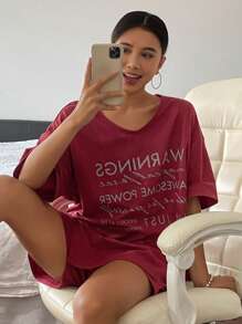 DAZY Loose Fit Alphabet Printed Wide Collar Casual Home Clothing Set - Burgundy - View 3