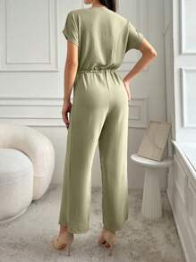 EURMUSE Ladies' Solid Color Simple Daily Jumpsuit - Army Green - View 2