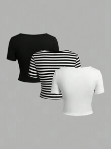 SHEIN EZwear 3 件套女士休闲条纹长袖修身 T 恤，适合春秋季节 - 彩色 - 查看 2