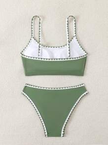 SHEIN Swim Women's Resort Striped Trim Sexy Bikini Set With Separated Bikini Set Summer Beach - Army Green - View 2