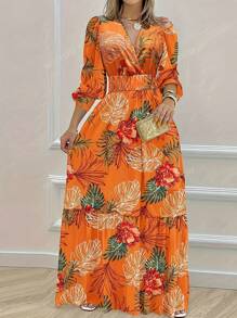 Vestido de vacaciones informal con estampado tropical, mangas de farol y cintura ceñida para mujeres; Camiseta elegante de estilo bohemio con gráfico de festival de música