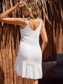 SHEIN Swim 女式纯色细肩带结饰荷叶边无袖罩衫连衣裙 夏季