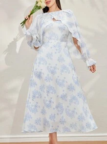 Modelyn 女性優雅花卉全印花收腰細肩帶連衣裙和長袖背心套裝，夏季 - 藍白色 - 查看 8