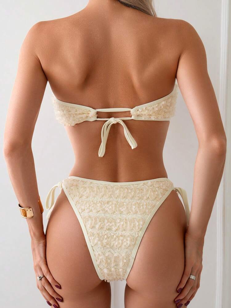 Ladies' Summer Beach Plain Bandeau Bikini Set With Tied Thong, Sexy Two-Piece Bikini Set