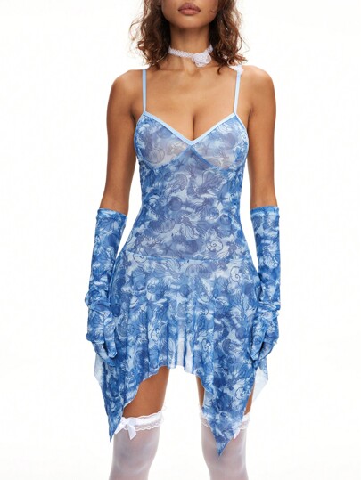 Fairycore Vestido con tirantes con tema oceánico y dobladillo asimétrico, con guantes