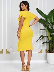 SHEIN Lady Vestido de verano amarillo para mujer, vestido de falda con ribete de volantes divididos - Amarillo - Ver 2