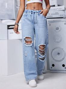 SHEIN PETITE Women's Loose-Fit Casual Wide Leg Denim Jeans With Waist Tie And Distressed Details - Light Wash - View 1