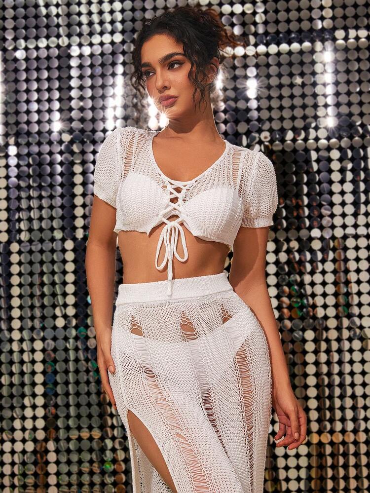 2pcs Women's Fashionable Sexy Knit Hollow Out Cover Up For Summer