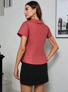 GENKIRA Women's V-Neck Work Shirt, Slim Fit With Side Slit - Redwood - View 2