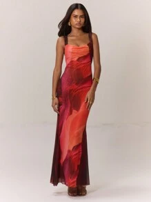 MUSERA Elegant Colorblock Print Mermaid Hem Maxi Dress Vacation Summer Graduation Wedding Guest Beach Wedding Guest, Elegant, Date Night , , Fall, Winter Party - Multicolor - View 1