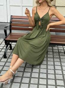 INAWLY Women's Solid Color Spaghetti Strap Hollow Out Casual Summer Dress