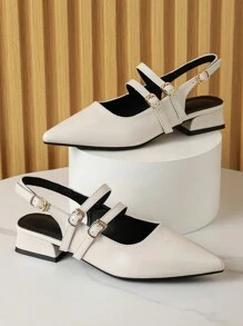 2025 秋季女士尖头低跟粗跟露趾凉鞋，黑色，穆勒玛丽珍款 - 糯米白色 - 查看 3