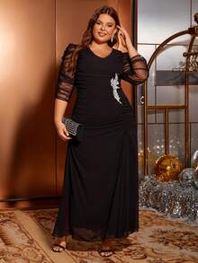 Đầm voan dài cổ chữ V cỡ lớn dành cho nữ - màu đen - Xem 6