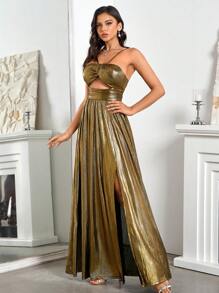 SHEIN Belle Gorgeous Suspender Strapless High Waisted Hollowed Out Backless Gilded Ball Dress Grad Dress Maxi Women Dresses - Gold - View 6