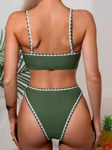 SHEIN Swim Women's Resort Striped Trim Sexy Bikini Set With Separated Bikini Set Summer Beach - Army Green - View 5
