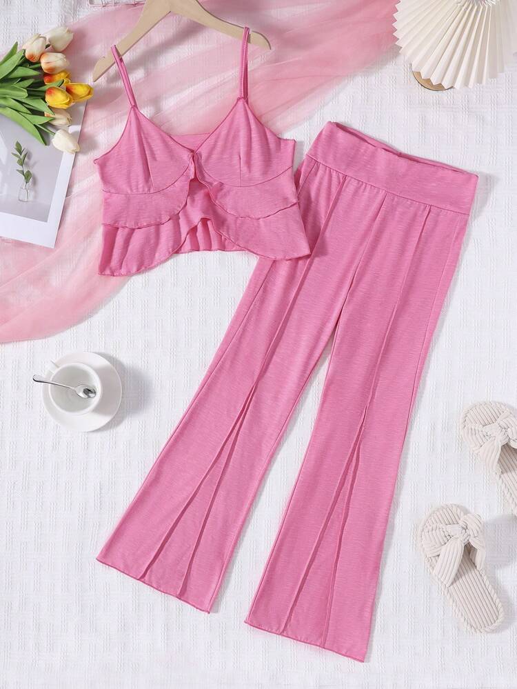 Teen Girl Solid Color Simple Camisole Top With Long Pants Casual Homewear Set, Summer