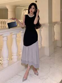 DAZY 女士拼色无袖圆领夏季连衣裙、生日舞会礼服、荷叶边、婚礼礼服 - 淺灰色 - 查看 3