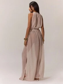 MUSERA Greek Goddess Costume Textured Stripe Maxi Dress, Summer Split Fashion Dress Elegant Spring Vacation Party - Yellow - View 2