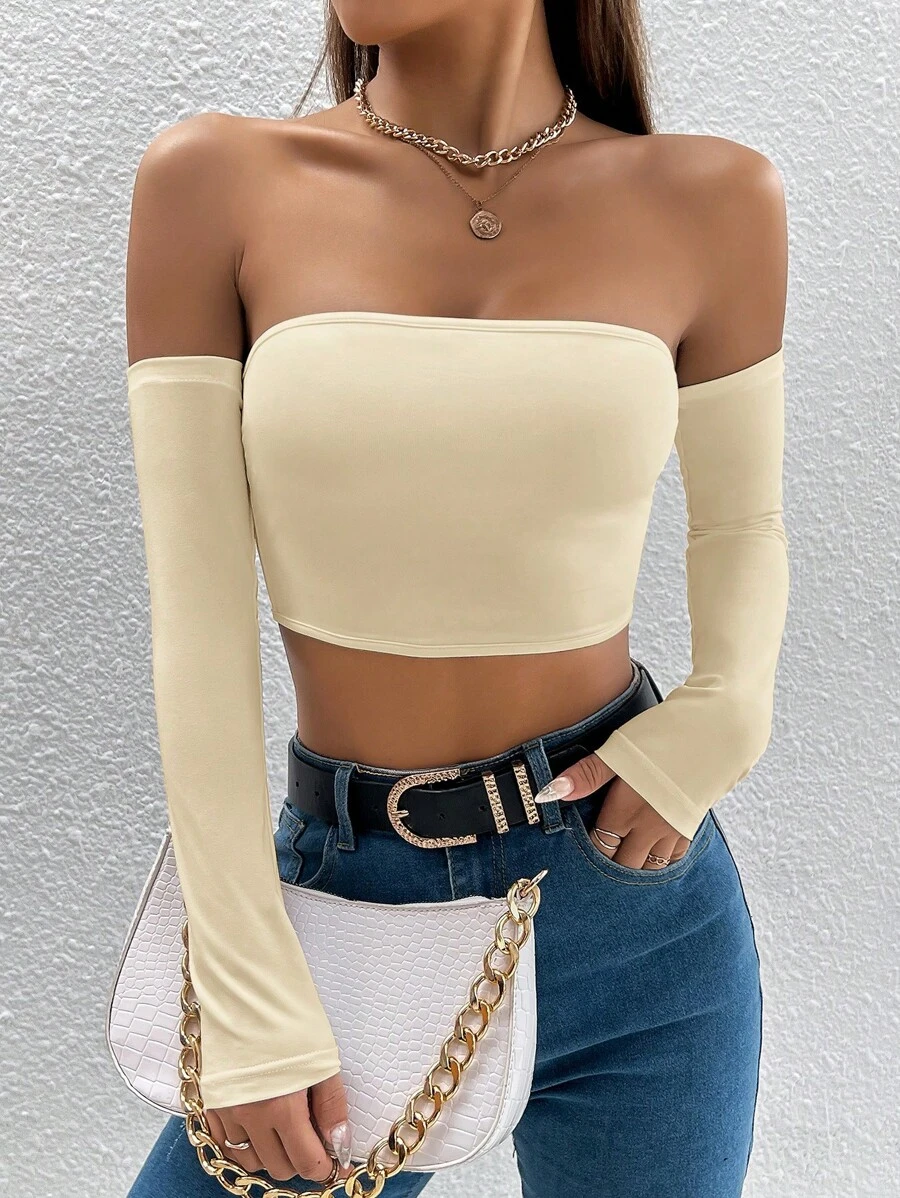 SHEIN PETITE Solid Off Shoulder Crop Off Shoulder Top - Apricot - View 1
